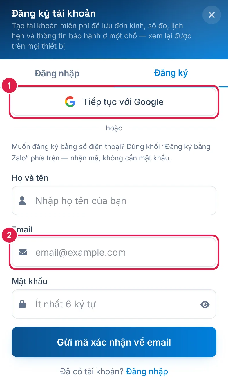 Tab Đăng ký: Google hoặc email