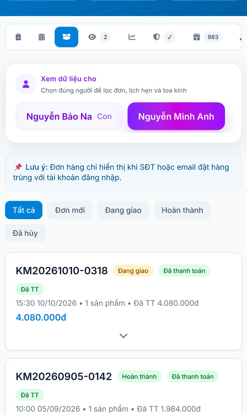 Danh sách đơn hàng đặt trên web