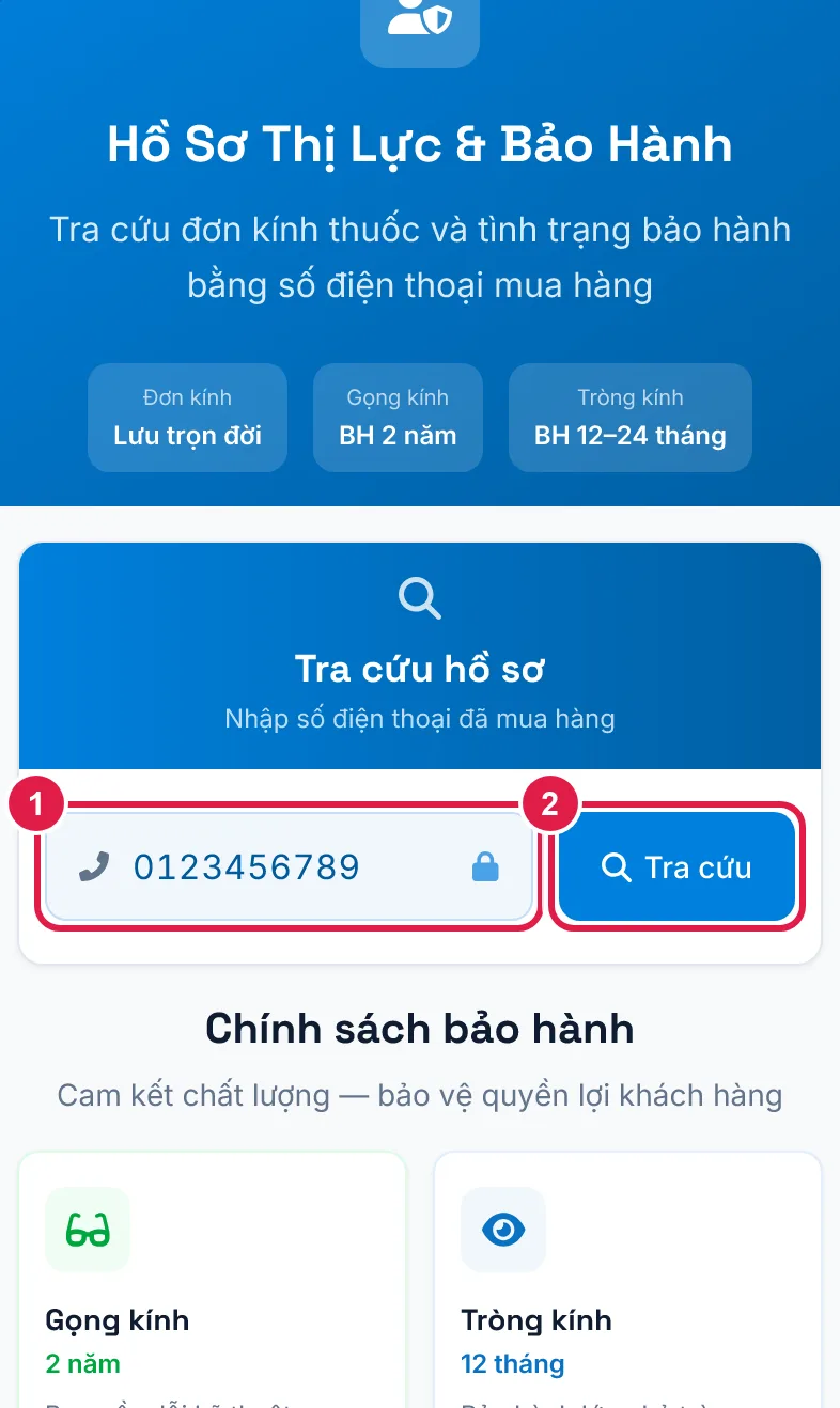 Trang tra cứu bảo hành, số đã điền sẵn